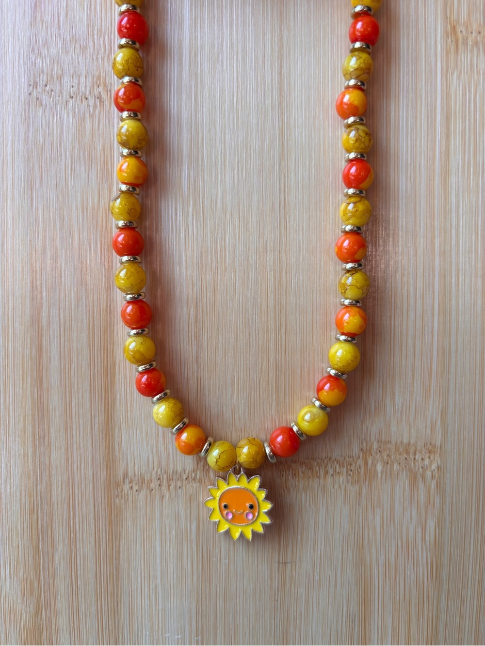 Sunshine Beaded Necklace in Yellow and Orange with Sun Charm